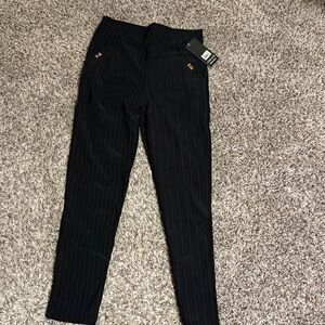 Black Pinstripe Pants with Gold Accents